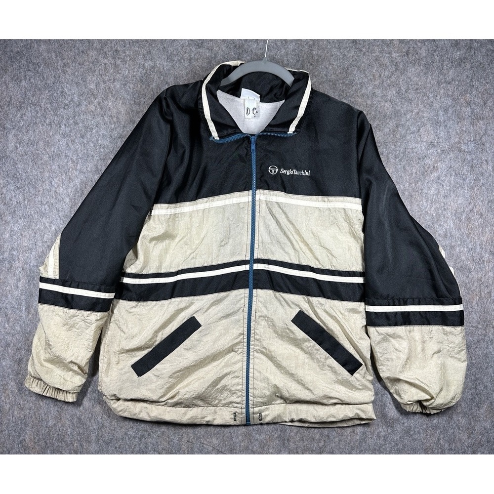 Vintage Sergio Tacchini Windbreaker Jacket Size 10 Beige Black Retro 80s 90s